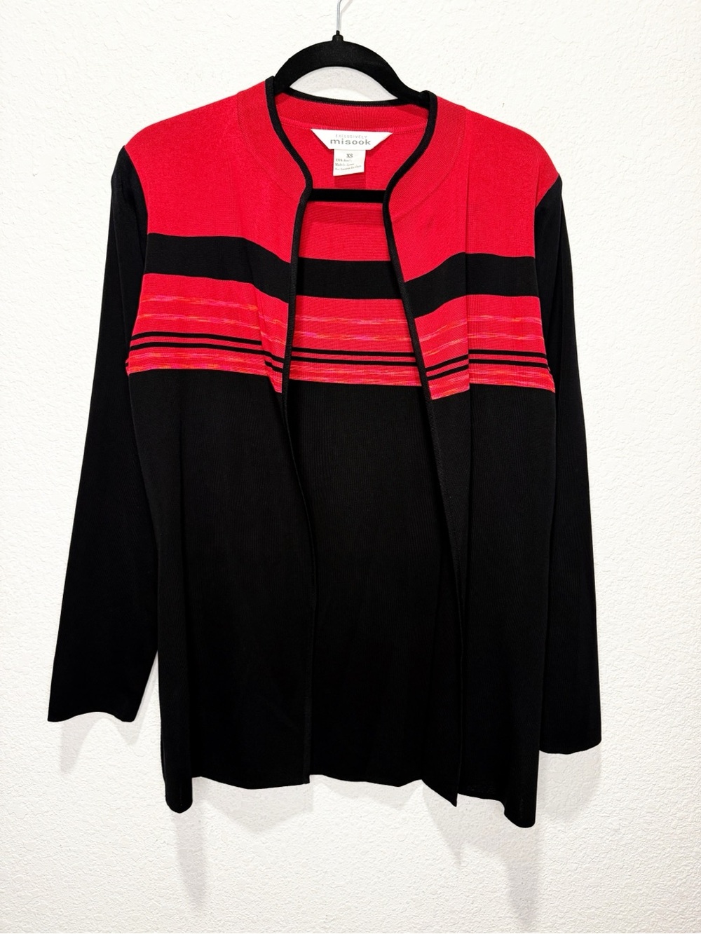 Misook Knit Open Cardigan Sweater Red Black XS